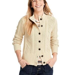 LL BEAN SIGNATURE Beige Fisherman Cable Knit Cardigan Sweater 1X NWT